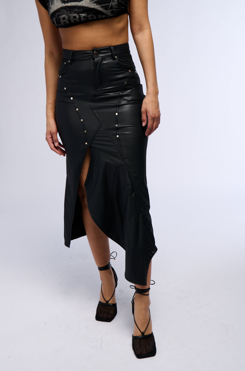 Side View Bite Me Asymmetrical Faux Leather Midi Skirt