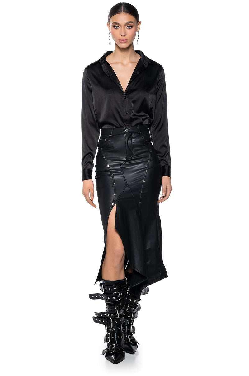 Back View Bite Me Asymmetrical Faux Leather Midi Skirt