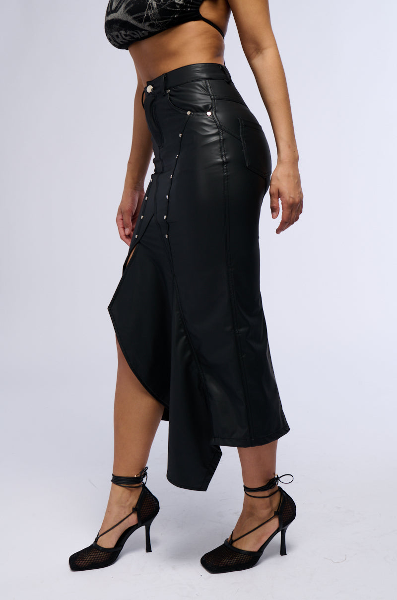 Back View Bite Me Asymmetrical Faux Leather Midi Skirt