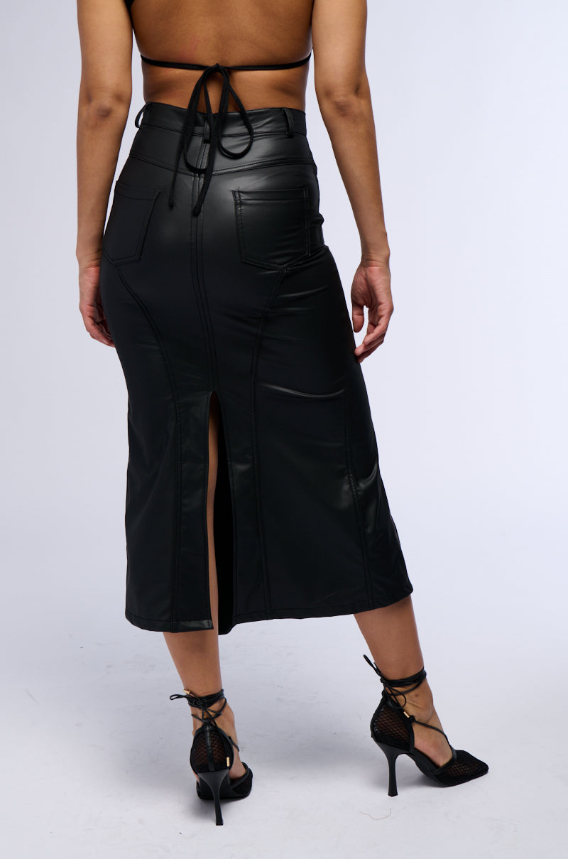 Detail View Bite Me Asymmetrical Faux Leather Midi Skirt