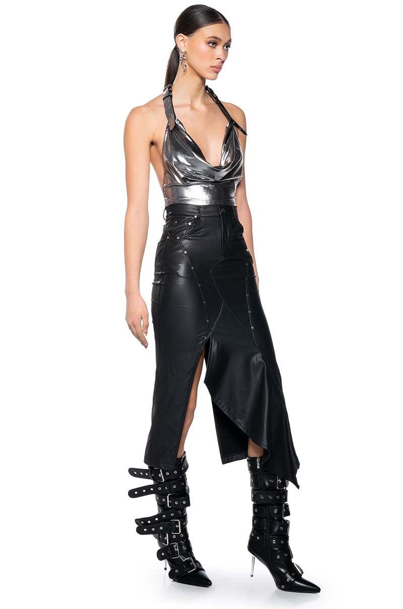 Detail View Bite Me Asymmetrical Faux Leather Midi Skirt