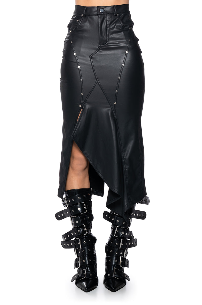 Full View Bite Me Asymmetrical Faux Leather Midi Skirt