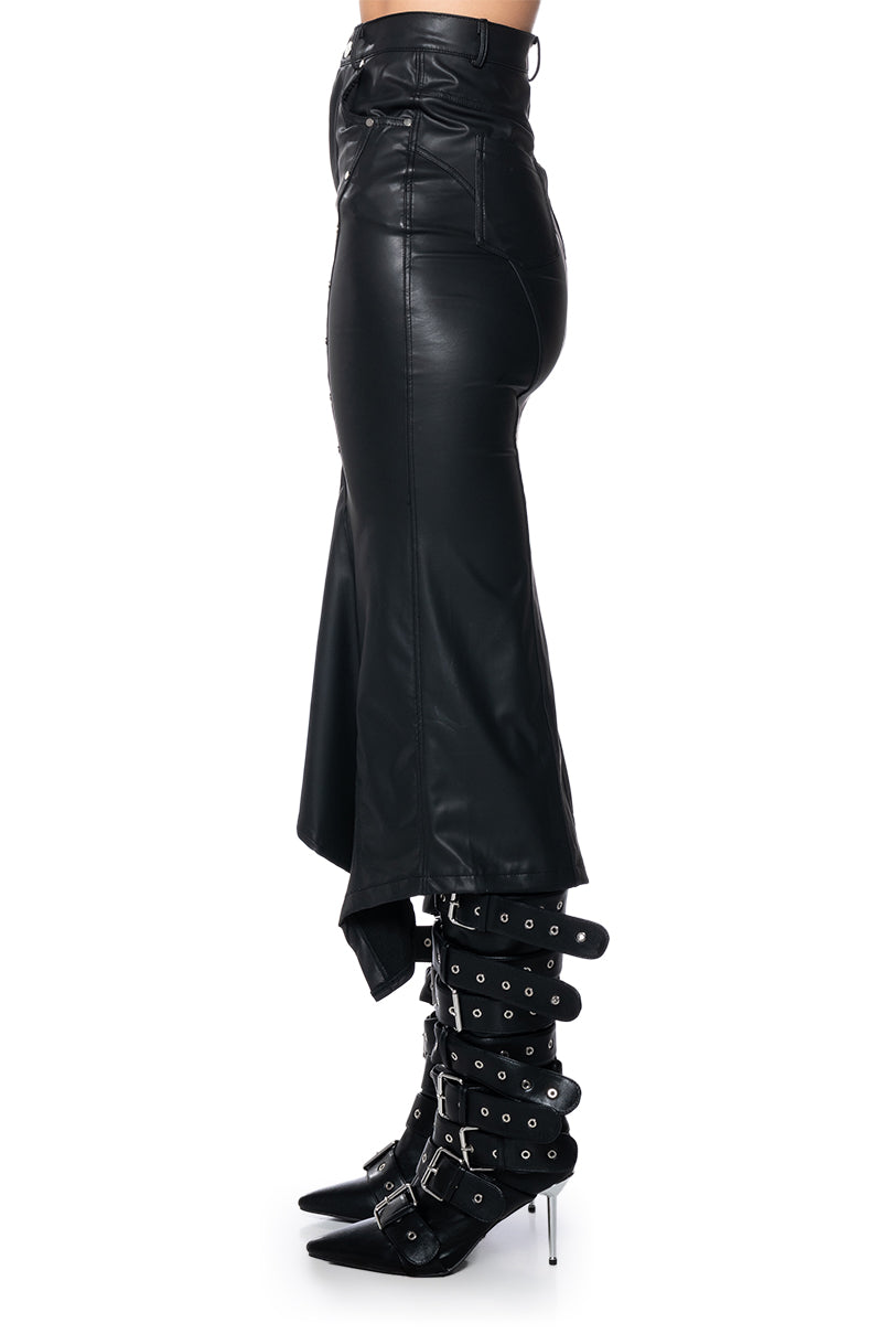 Extra View Bite Me Asymmetrical Faux Leather Midi Skirt