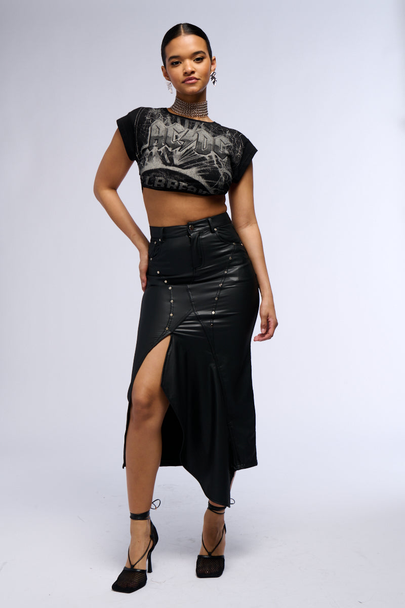 Extra View Bite Me Asymmetrical Faux Leather Midi Skirt