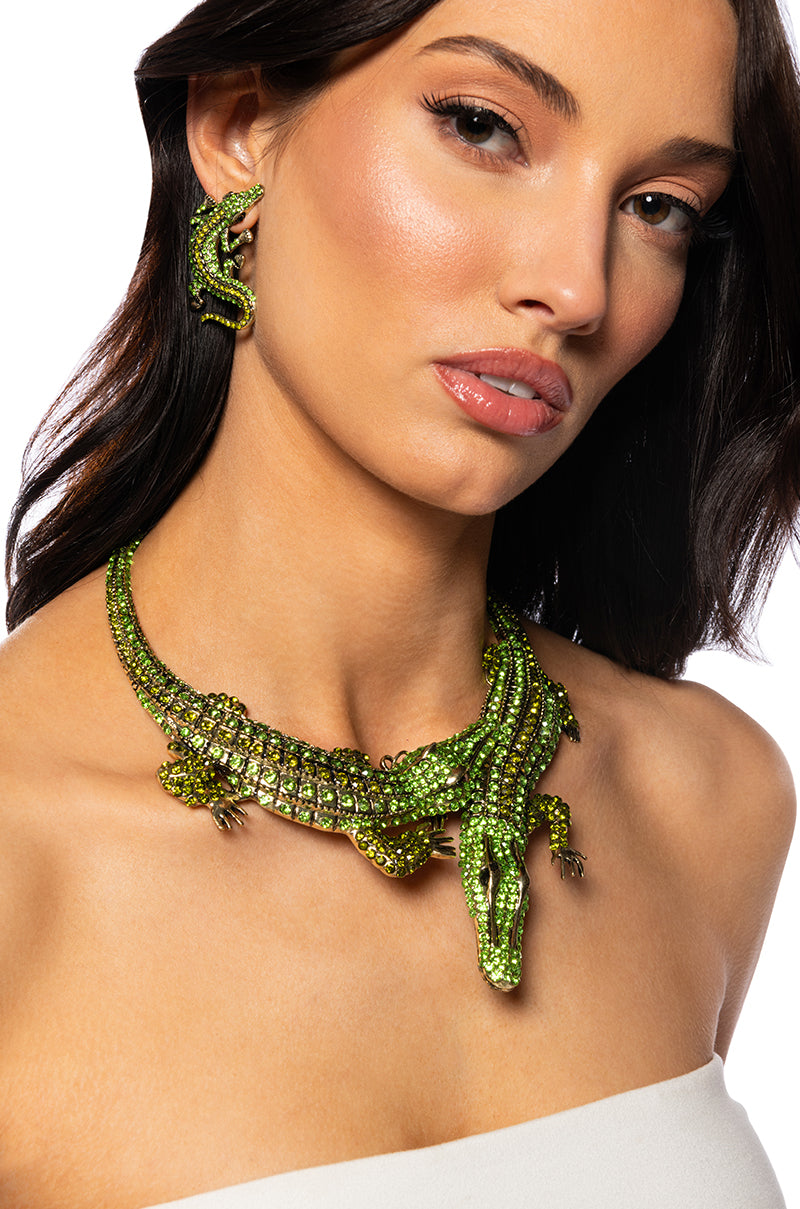 Front View Bite Me Embellished Alligator Statement Necklace And Earrings Set