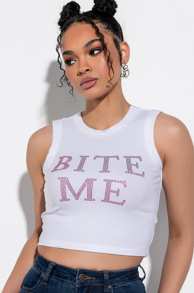 Front View Bite Me Rhinestone Ribbed Tank
