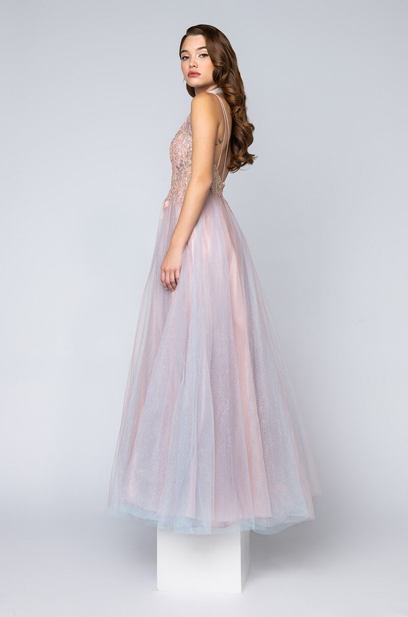 Full View Black Label Over All Of It Tulle Maxi Gown in Pink Multi