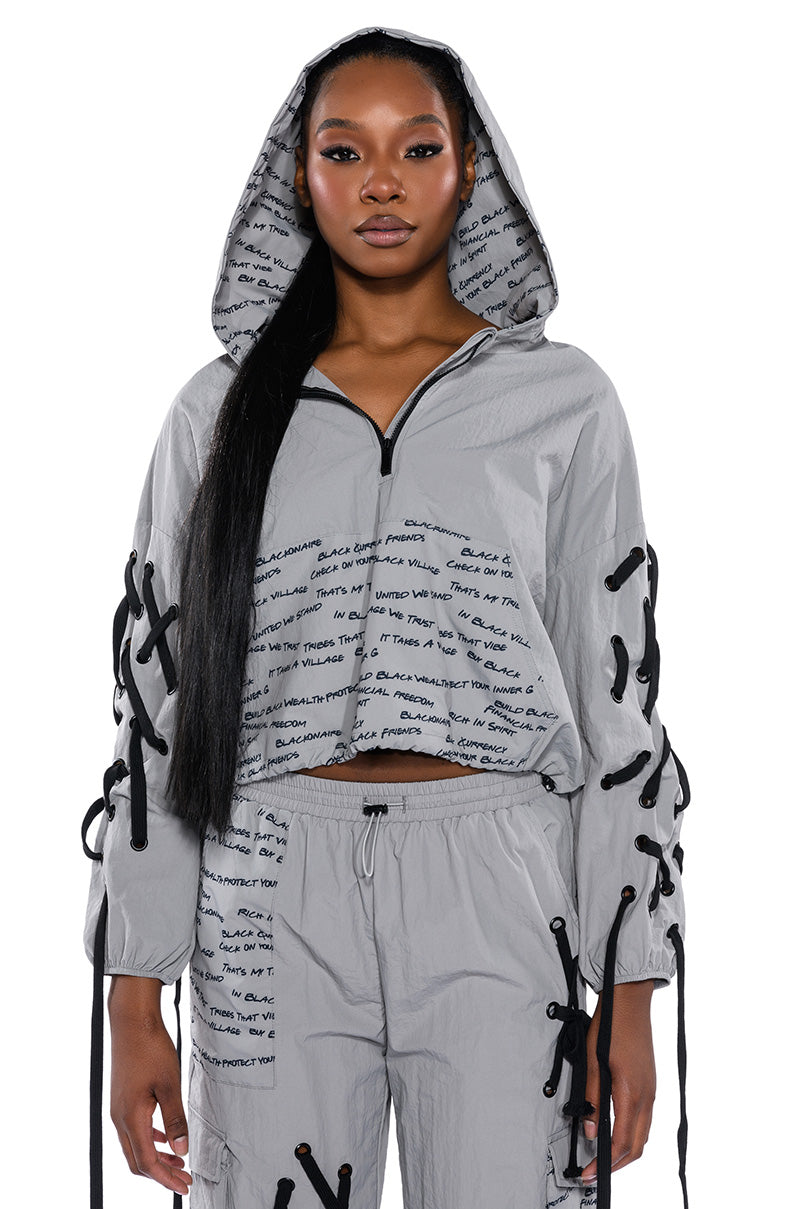 Front View Black Village Foundation Logo Lace Up Detail Cropped Hoodie