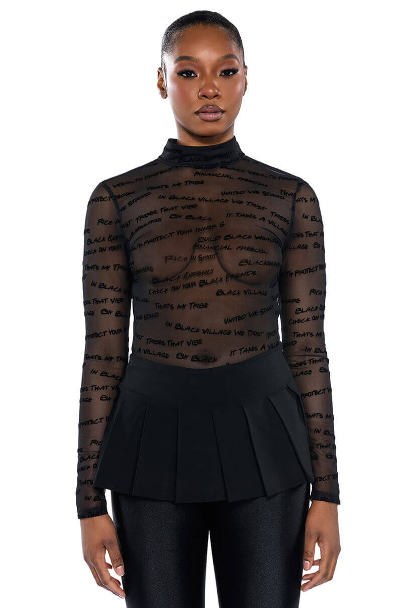 Front View Black Village Foundation Logo Mesh Bodysuit