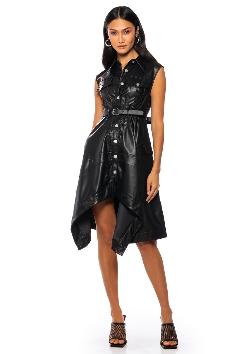 Front View Blaire Flared Faux Leather Mini Dress