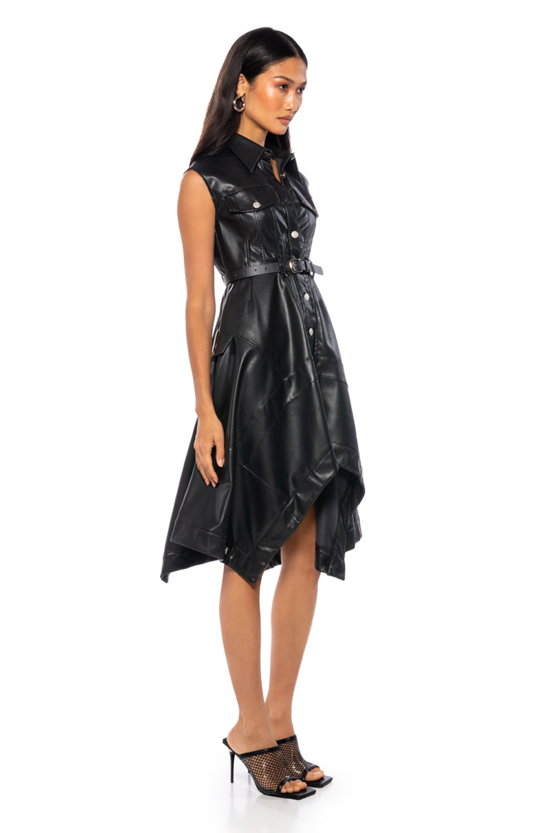 Back View Blaire Flared Faux Leather Mini Dress