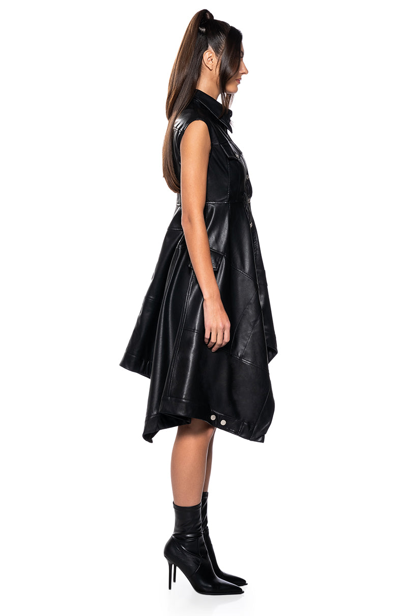 Back View Blaire Flared Faux Leather Mini Dress