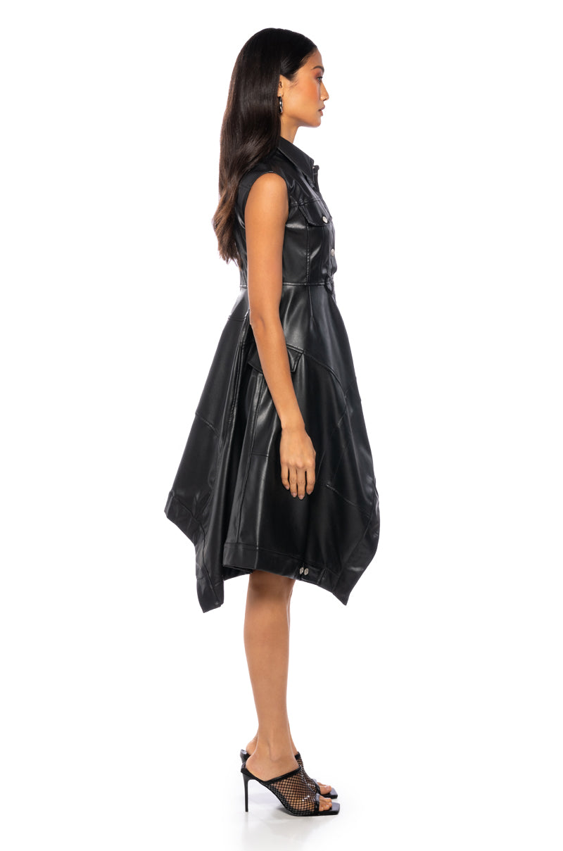 Detail View Blaire Flared Faux Leather Mini Dress
