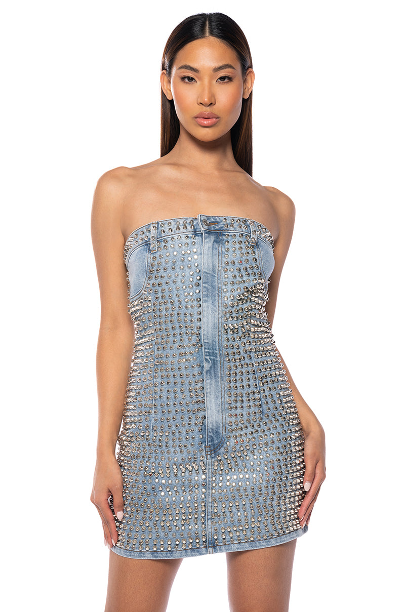 Front View Blake Strapless Studded Denim Dress