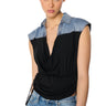 Front View Blame Game Denim Detail Cap Sleeve Adjustable Blouse In Black