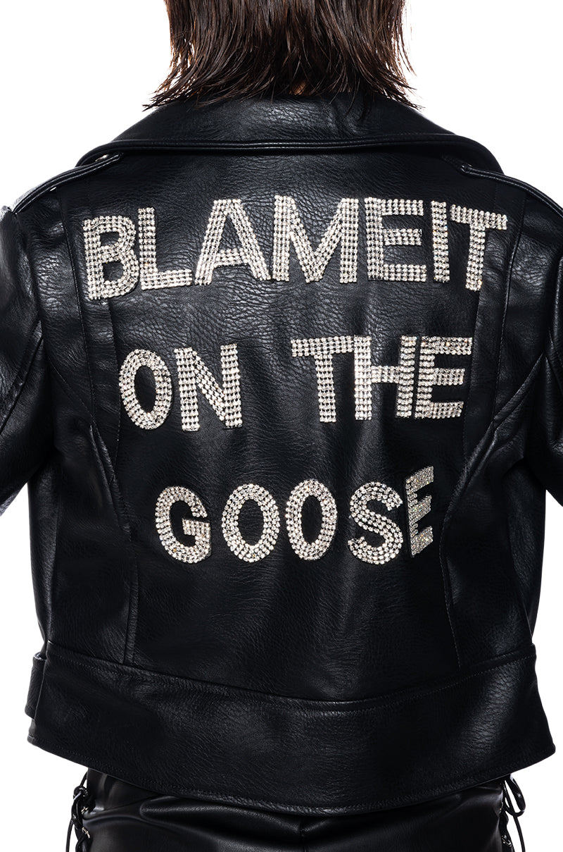 Extra View Blame It On The Goose Embellished Faux Leather Moto Jacket 7
