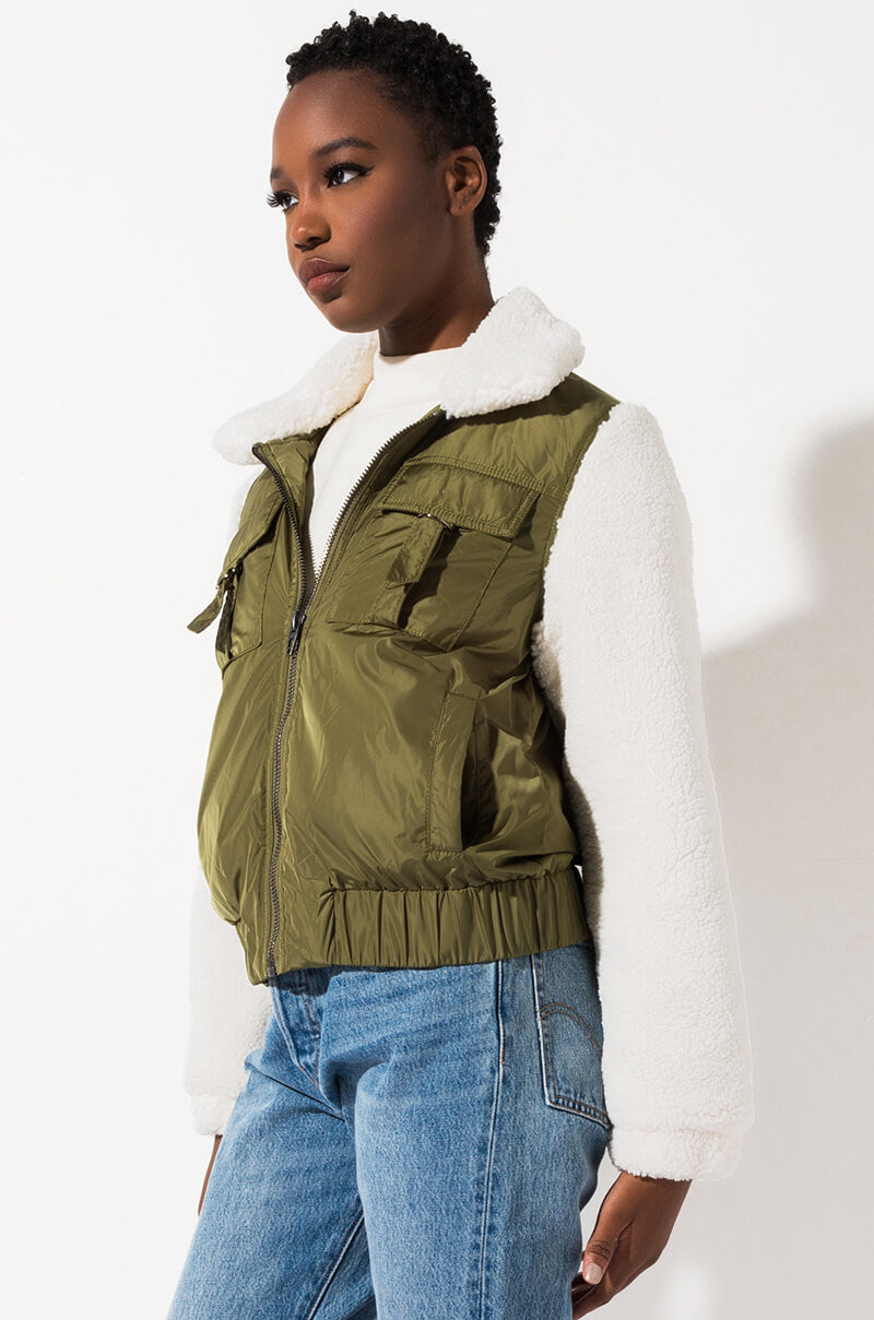 Back View Blank Nyc Take It Easy Sherpa Bomber Jacket  in Olive Off White