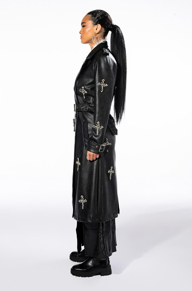 Full View Blessed And Well Dressed Rhinestone Cross Pleather Trench