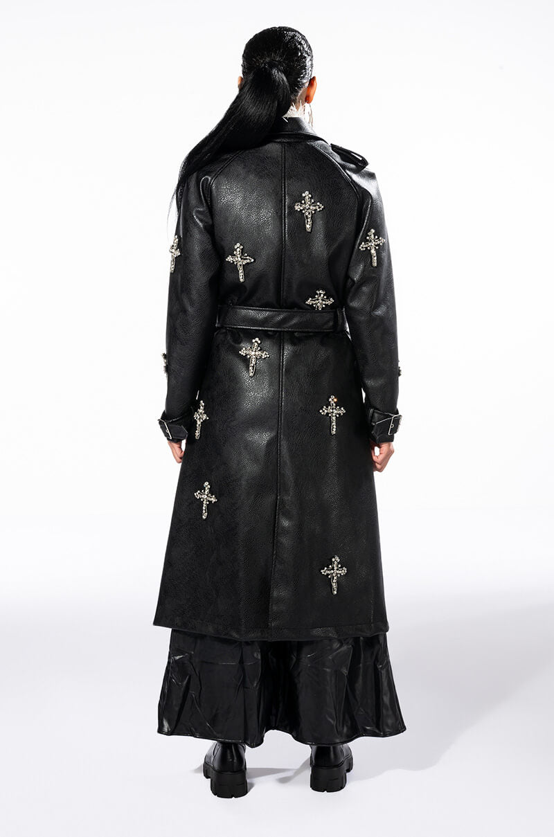 Extra View Blessed And Well Dressed Rhinestone Cross Pleather Trench