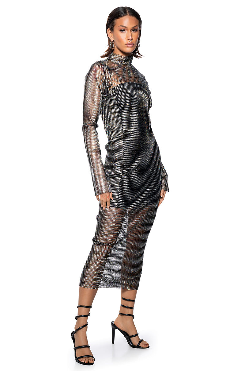 Front View Bling Bling Rhinestone Mesh Midi Dress