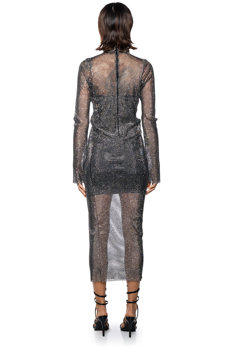 Back View Bling Bling Rhinestone Mesh Midi Dress