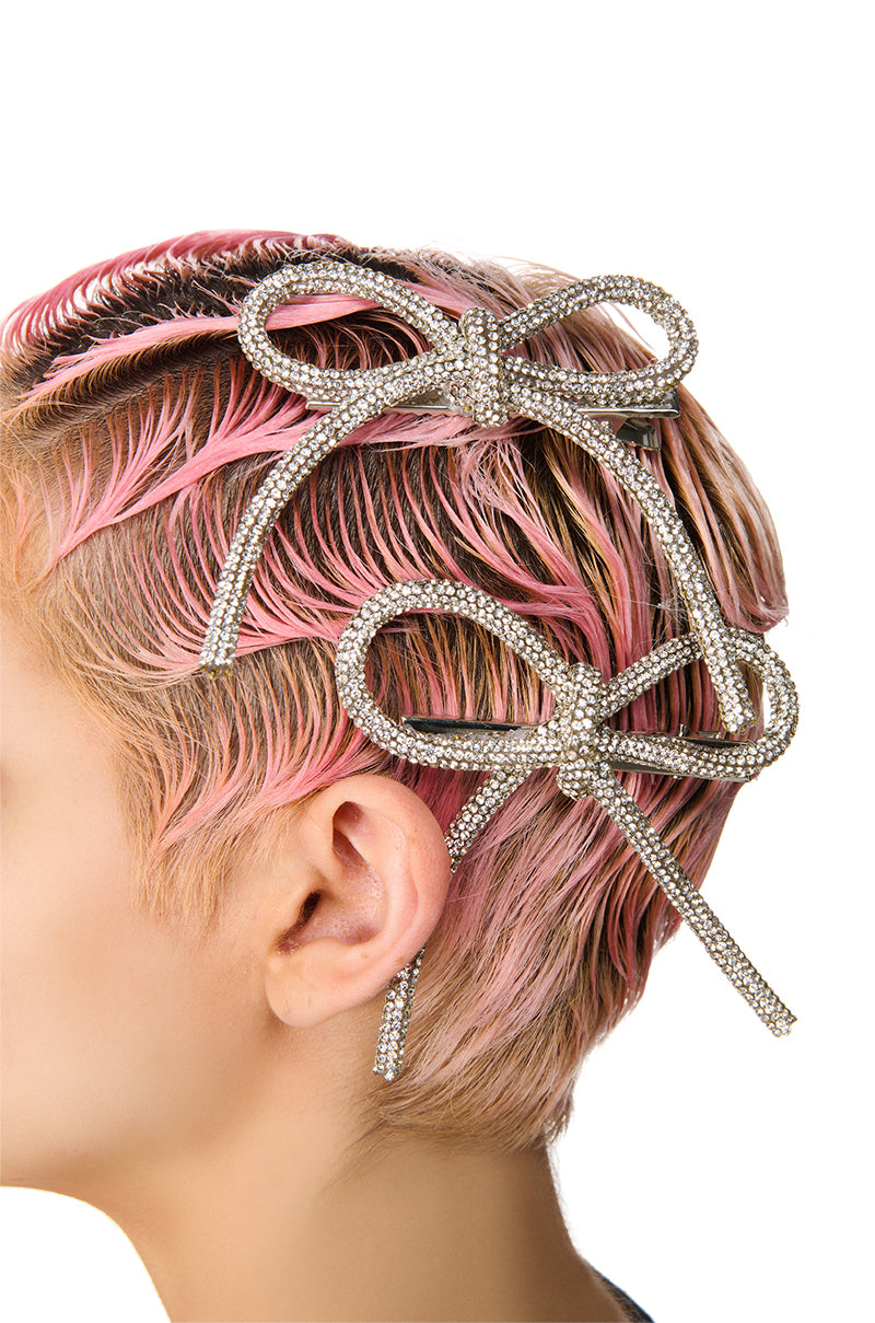 Front View Bling Bow Hair Clip Set