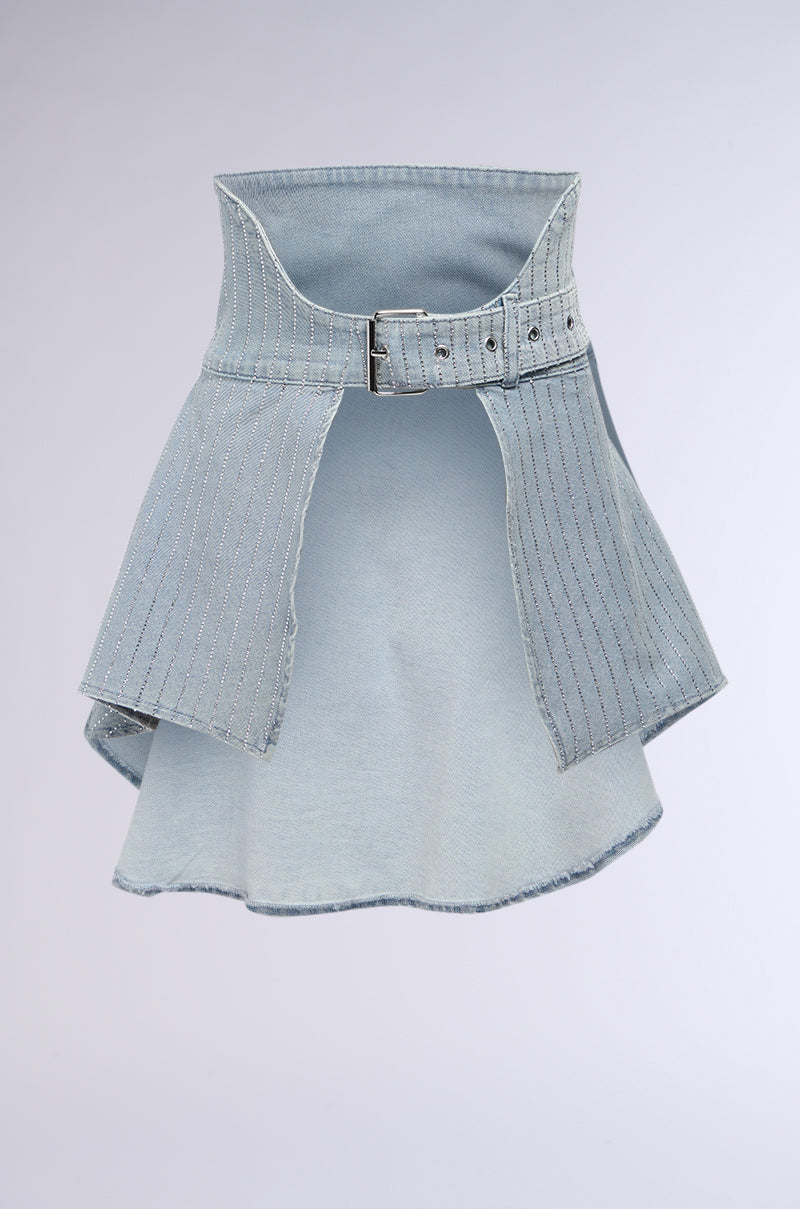 Back View Bling Is Better Mini Denim Belt Skirt