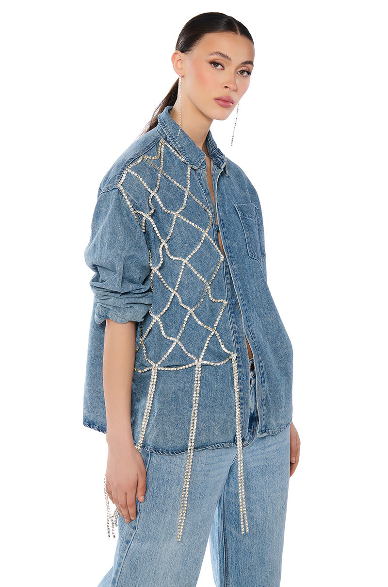 Front View Bling Ring Rhinestone Fringe Button Down Denim Shirt