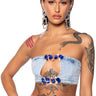 Front View Blinged Out Cut Out Denim Bandeau Top