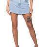 Front View Blinged Out Denim Raw Hem Mini Skirt