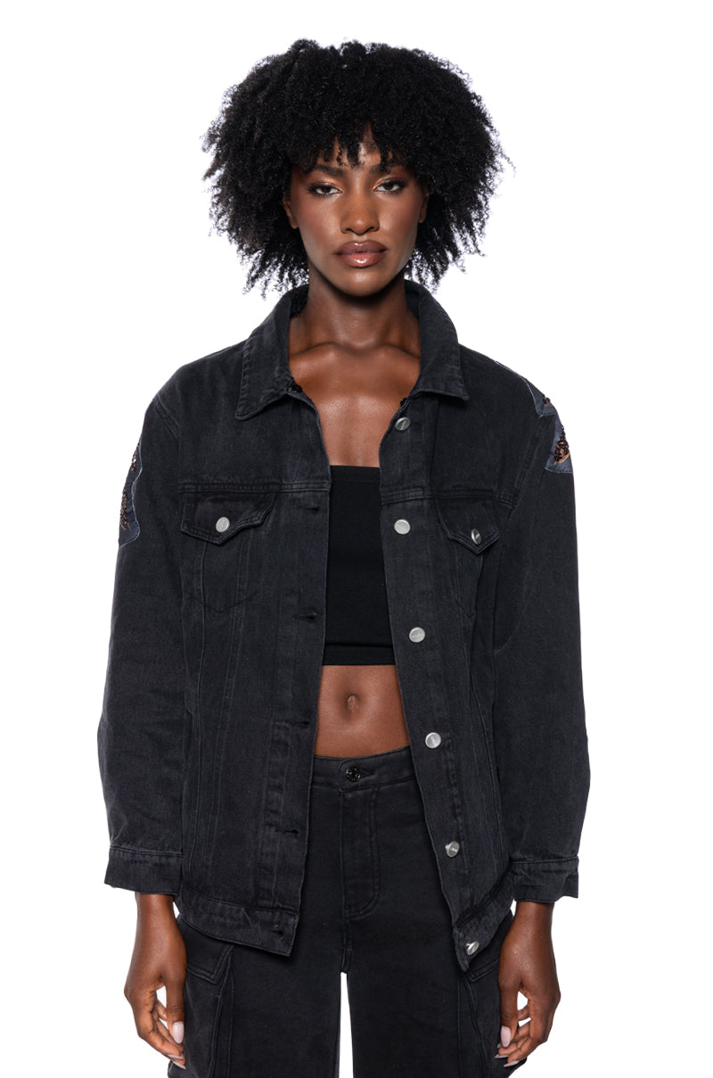 Side View Blondelle Oversized Rocker Denim Jacket With Faux Fur Lining