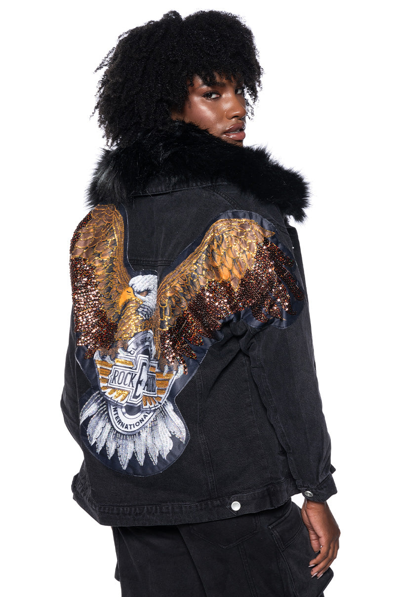 Back View Blondelle Oversized Rocker Denim Jacket With Faux Fur Lining