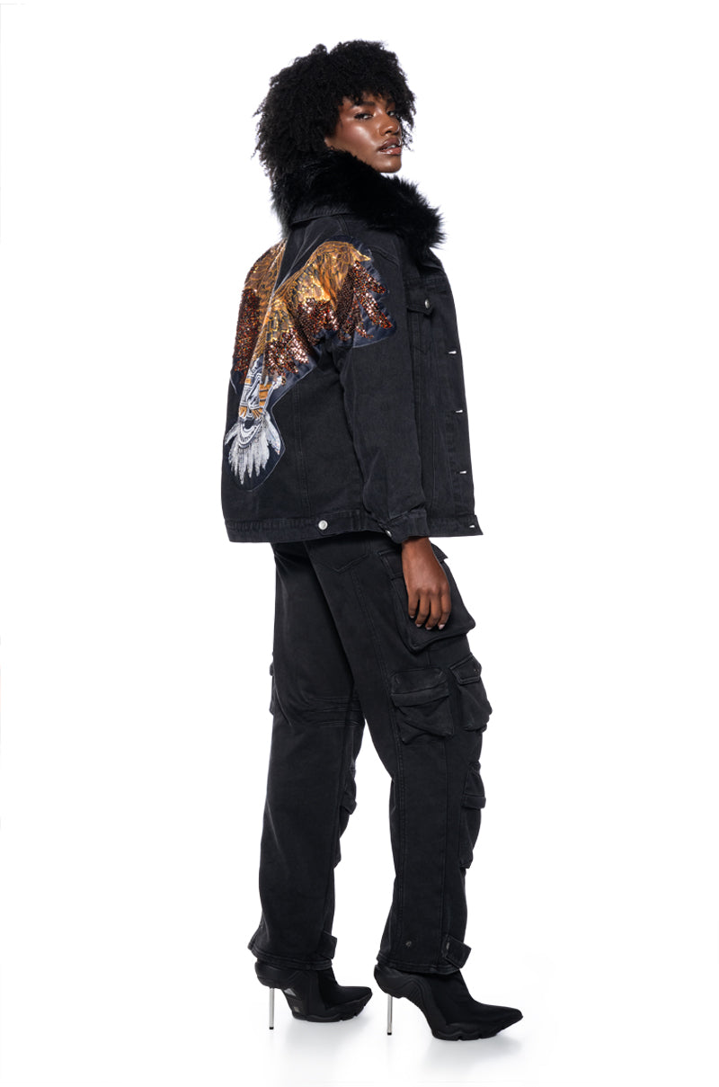 Detail View Blondelle Oversized Rocker Denim Jacket With Faux Fur Lining