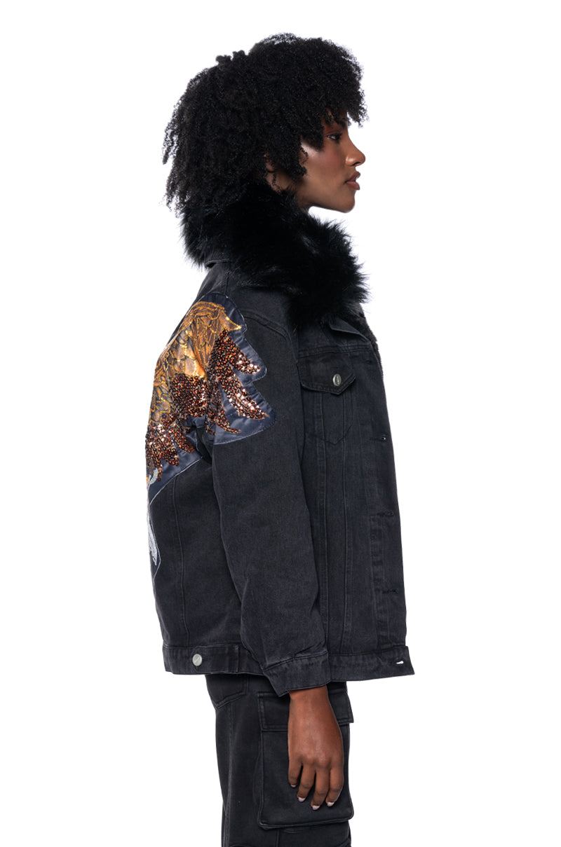 Full View Blondelle Oversized Rocker Denim Jacket With Faux Fur Lining