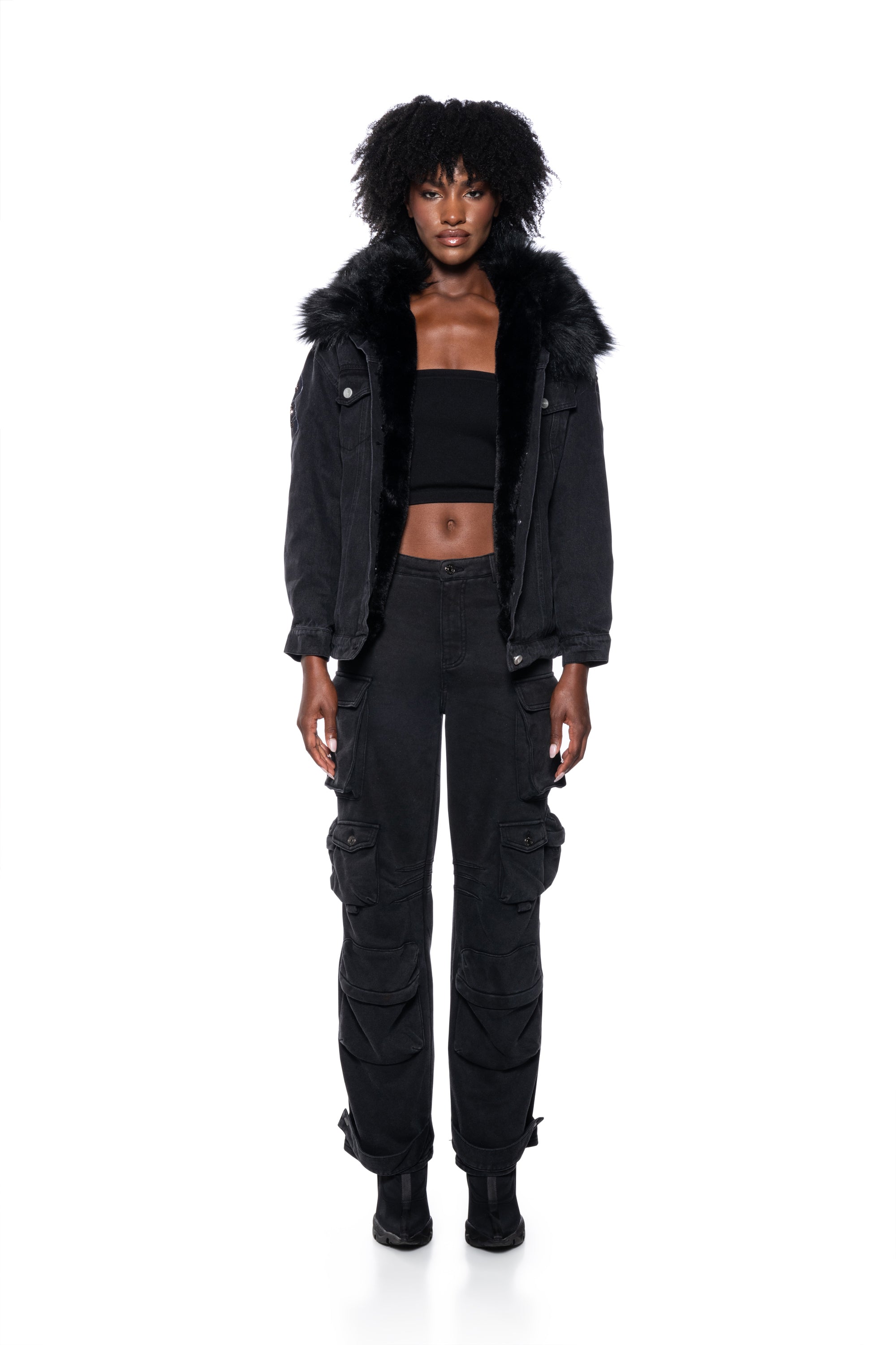 Extra View Blondelle Oversized Rocker Denim Jacket With Faux Fur Lining