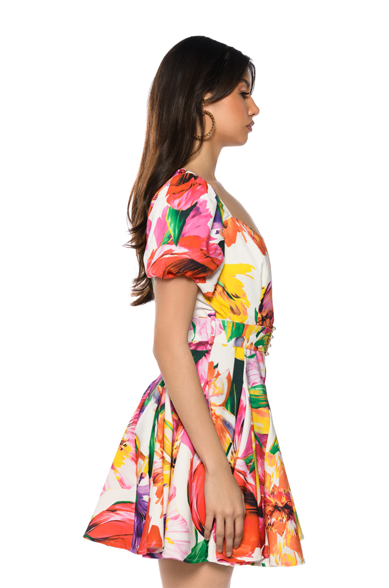Detail View Blooming Belted Mini Dress
