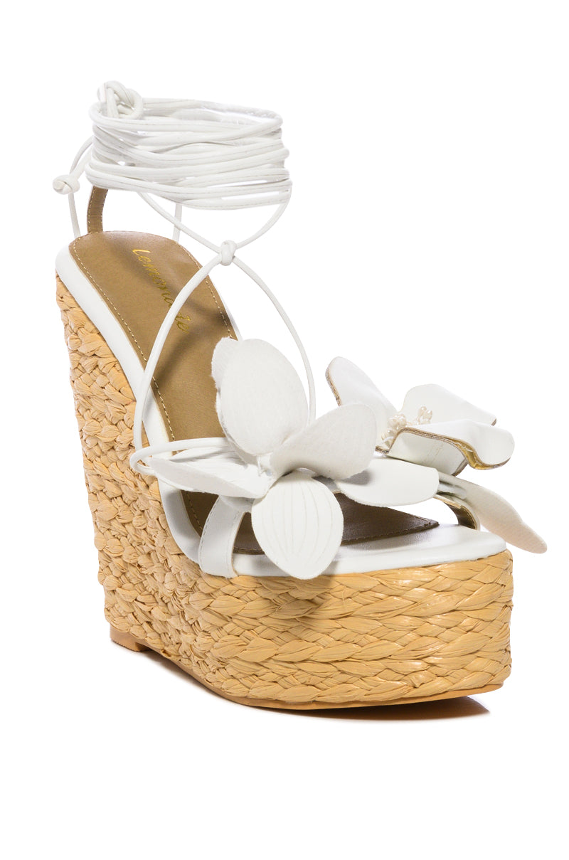 Detail View Bloomy Flower Lace Up Wedge Sandal In White