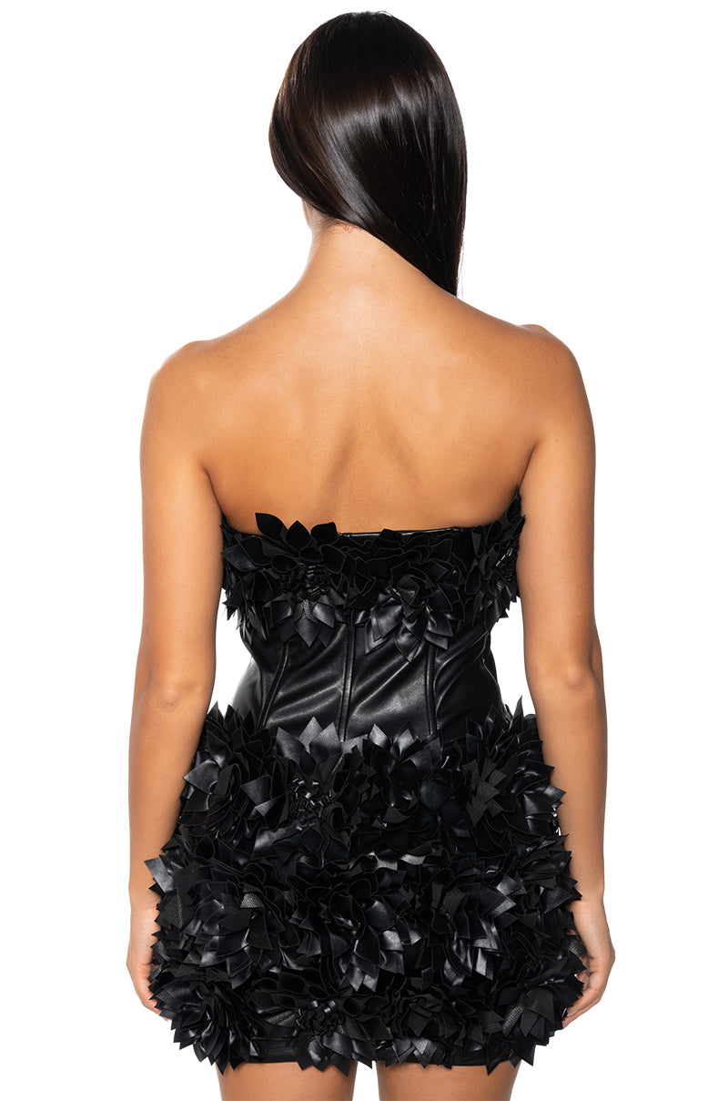 Detail View Blossom Bombshell Strapless Faux Leather Mini Dress