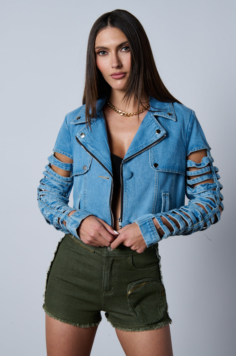 Side View Blossom Denim Cut Out Panel Convertible Trench