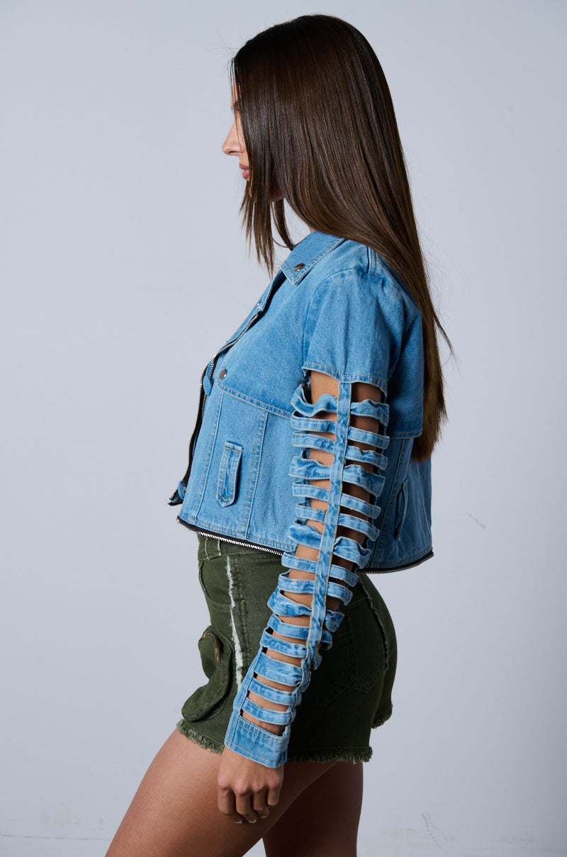 Back View Blossom Denim Cut Out Panel Convertible Trench