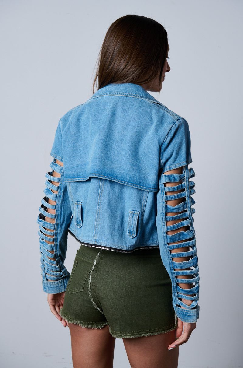 Detail View Blossom Denim Cut Out Panel Convertible Trench