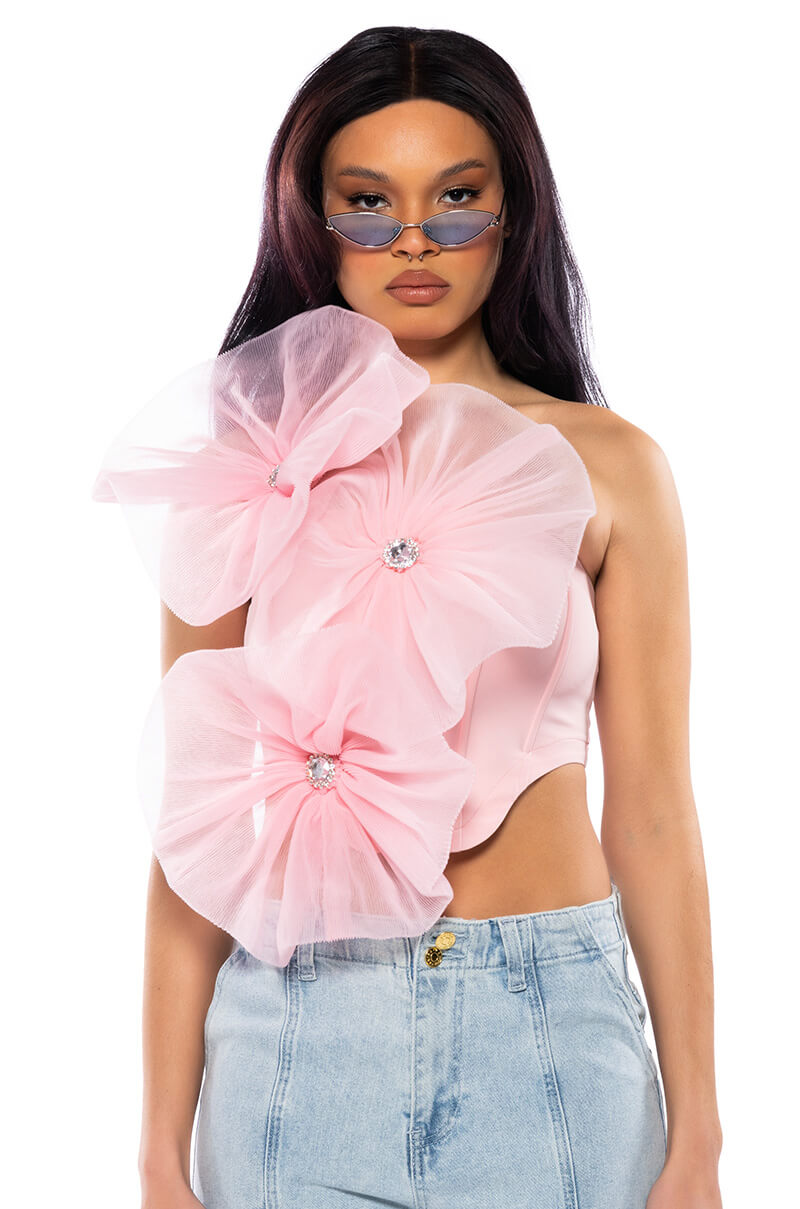 Front View Blossom Textured Flower One Shoulder Crop Top
