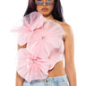 Front View Blossom Textured Flower One Shoulder Crop Top