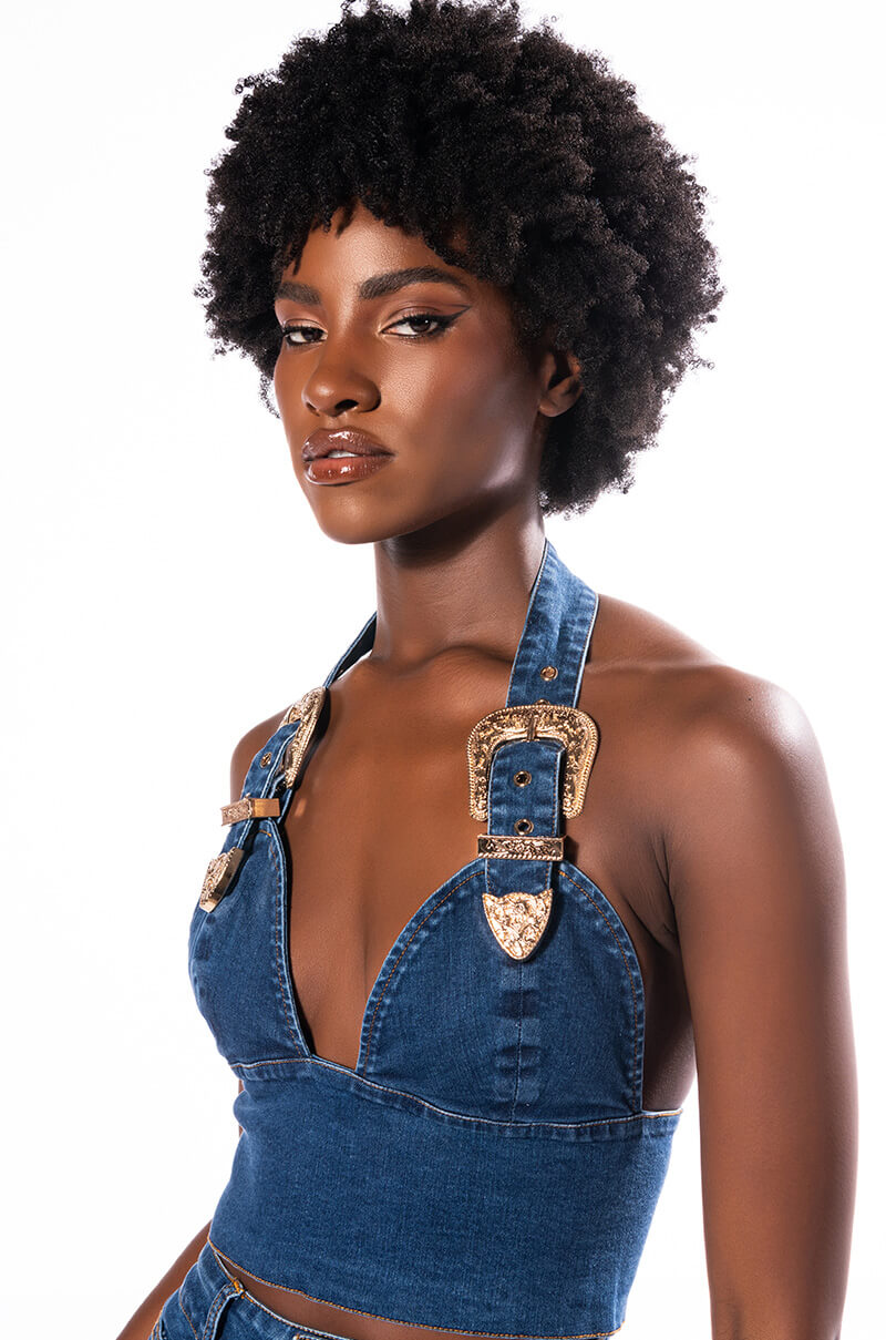 BLUE JEAN BABY BUCKLE HALTER CROP TOP view 0