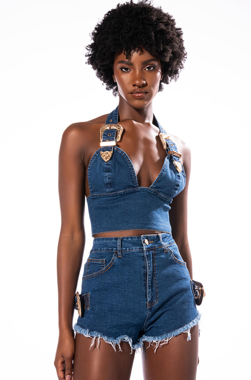 Side View Blue Jean Baby Buckle Halter Crop Top