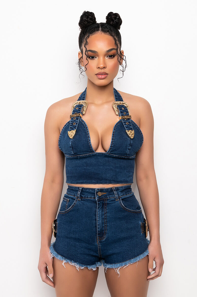 Detail View Blue Jean Baby Buckle Halter Crop Top