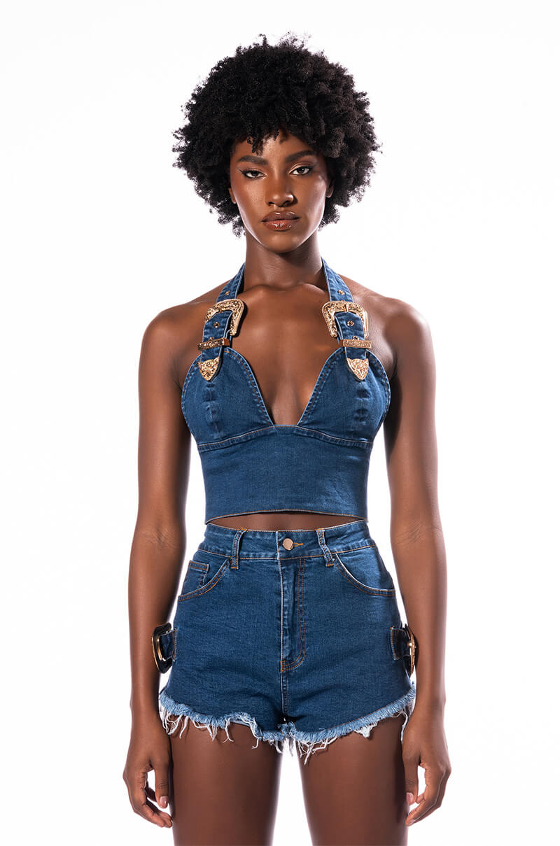 Detail View Blue Jean Baby Buckle Halter Crop Top