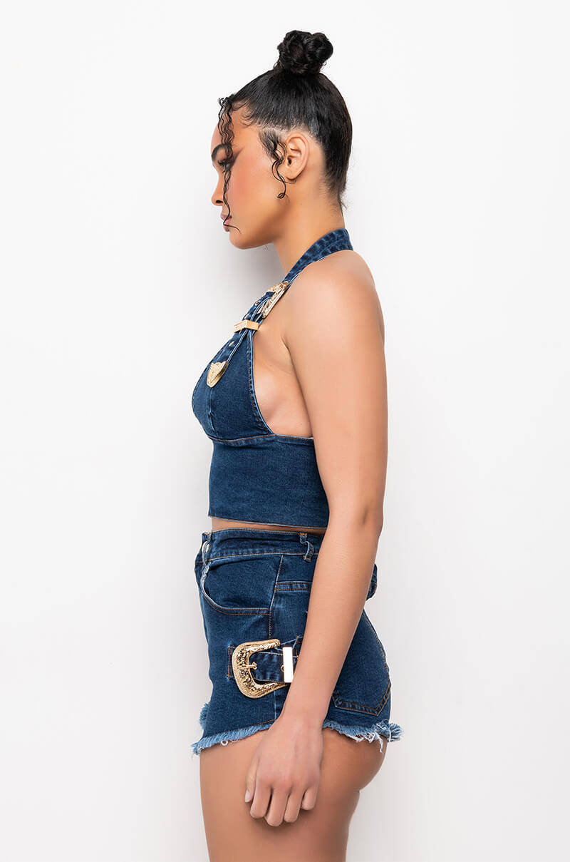 Full View Blue Jean Baby Buckle Halter Crop Top