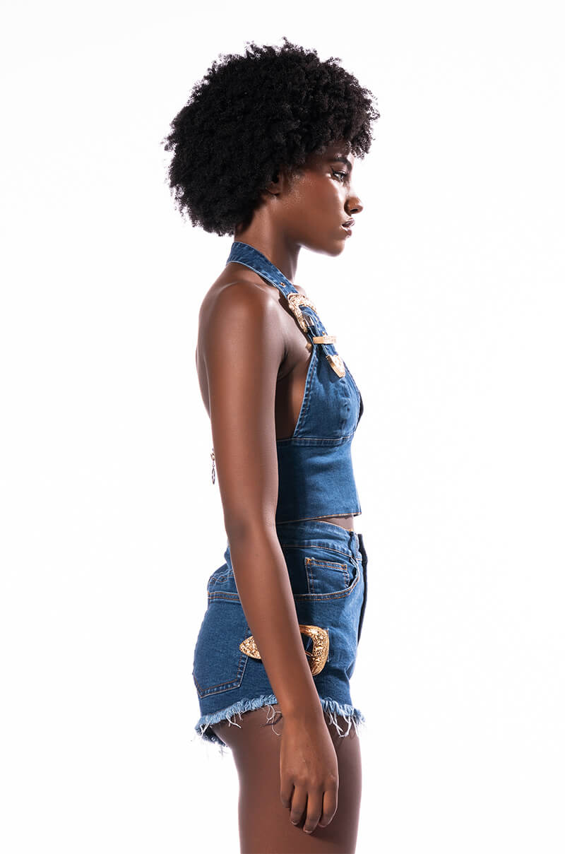 Full View Blue Jean Baby Buckle Halter Crop Top