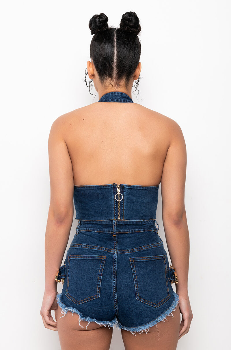 Extra View Blue Jean Baby Buckle Halter Crop Top